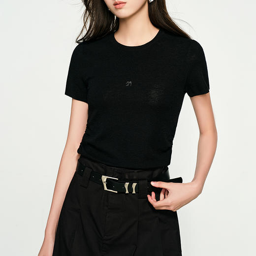 NEELLY纳俪商场同款春季新款圆领修身短袖针织衫女显瘦透气上衣N25032A01140 商品图2