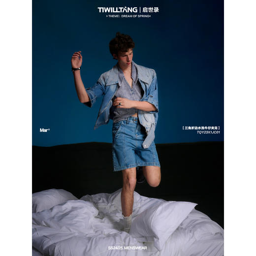启世录TIWILLTANG“爵域迹铭”三角折边水洗做旧短袖牛仔夹克男 商品图0