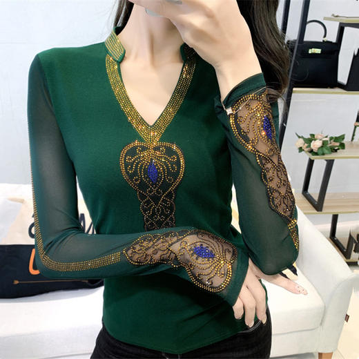雀说V领重工烫钻t恤女长袖蕾丝拼接小衫上衣新款打底衫AL1836 商品图1