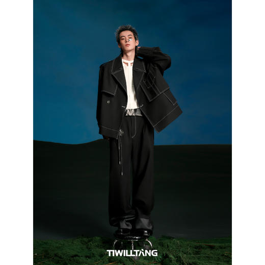 启世录TIWILLTANG“溯御垚寂”暗门襟镂空拼接T恤小众高级短袖 商品图4