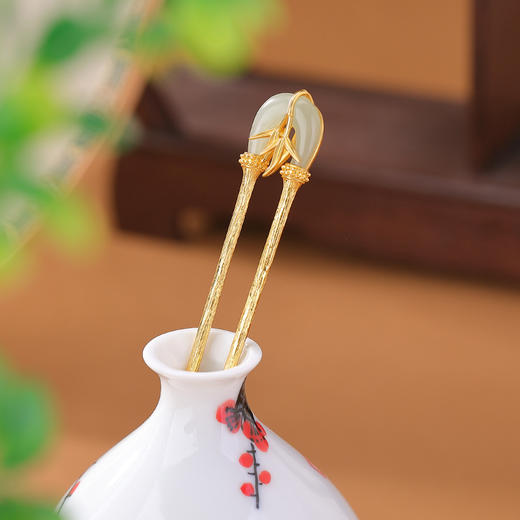 S925纯银镀金和田玉新中式，国风竹叶平安扣发簪古风气质银簪CW-JP00266 商品图2