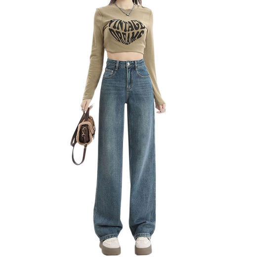 遮肉大码直筒牛仔裤女新款复古高腰梨形身材拖地裤窄版阔腿长裤子 商品图4