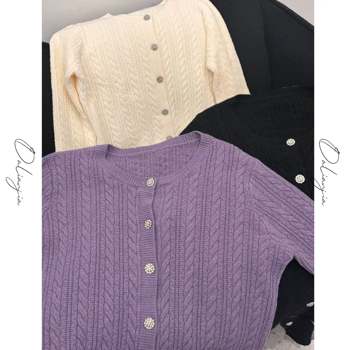 佳佳【紫藤花】麻花开衫百搭圆领针织外套长袖时尚紫色显瘦纯色