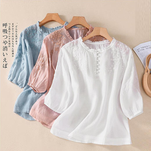 雀说新款文艺宽松刺绣花V领五分袖衬衫女衬衣上衣AL9041 商品图1