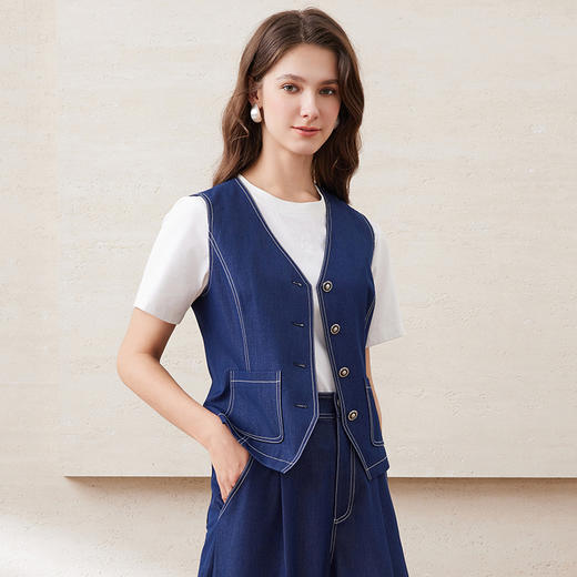 EITIE爱特爱时尚复古百搭显瘦V领通勤牛仔马甲外套上衣2025夏新款B2503606 商品图1