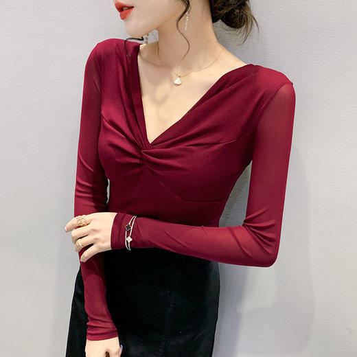 雀说性感V领网纱长袖T恤女装新款欧货洋气豹纹上衣修身打底衫AL1825 商品图1