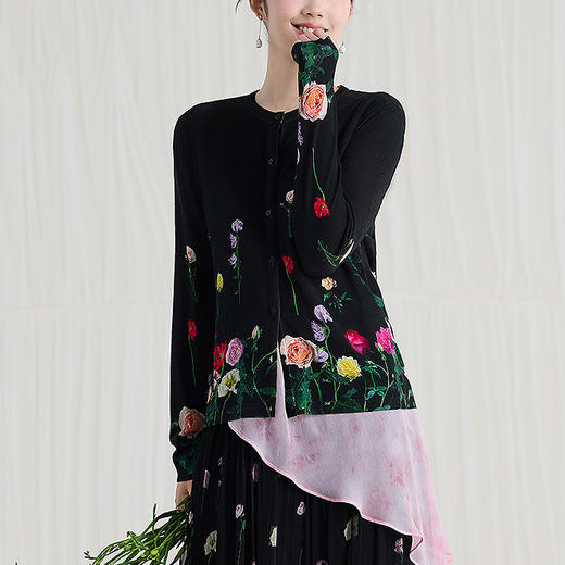 【林栖设计小店】【现货】复古玫瑰印花绵羊毛开衫2025春夏新品优雅气质显瘦毛织外套女1952304 商品图0