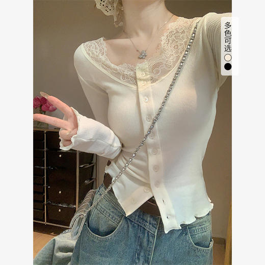 西遇法式蕾丝拼接上衣女新款木耳边短款修身长袖t恤SS150202 商品图0