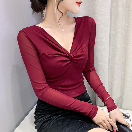 雀说性感V领网纱长袖T恤女装新款欧货洋气豹纹上衣修身打底衫AL1825 商品图6