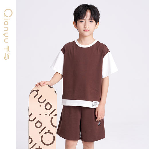 笛莎千与2025夏新款男童时尚拼接假两件男童短袖套装 商品图1