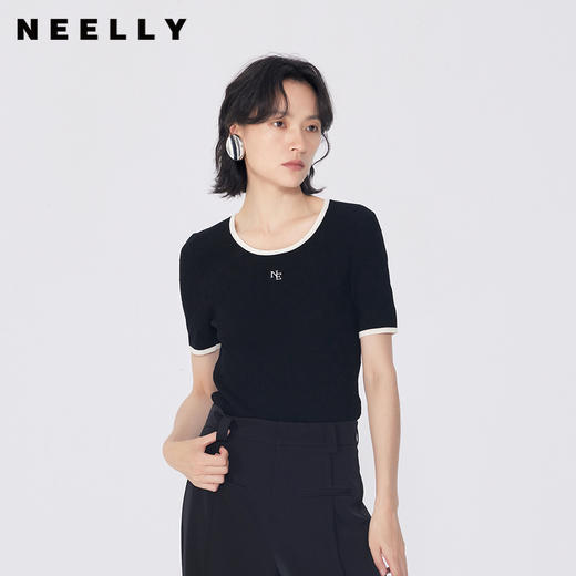 NEELLY纳俪商场同款春新款修身圆领套头短袖针织衫女简约百搭上衣N25034A04624 商品图0