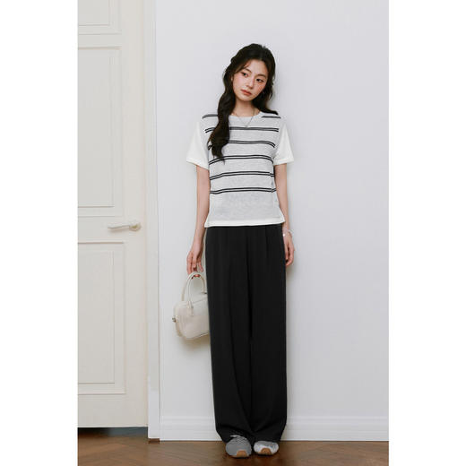 【严选】诗凡黎设计感假两件圆领短袖T恤拼接针织2025春新款显瘦打底衫女7G3131491 商品图1