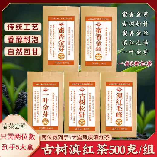 2026年滇红茶组合 蜜香金芽 古树松针 蜜香金丝 滇红毛峰 一叶金芽各100克总量500克/组 商品图0