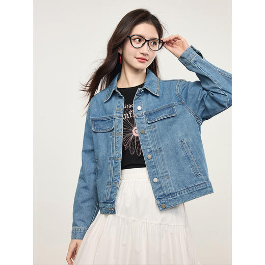 【年货节】熙世界复古水洗牛仔外套女春秋2025年新款小个子宽松显瘦夹克上衣 商品图4