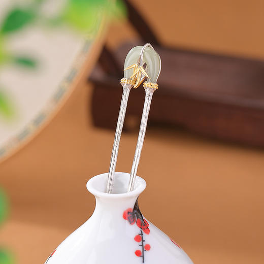 S925纯银镀金和田玉新中式，国风竹叶平安扣发簪古风气质银簪CW-JP00266 商品图1