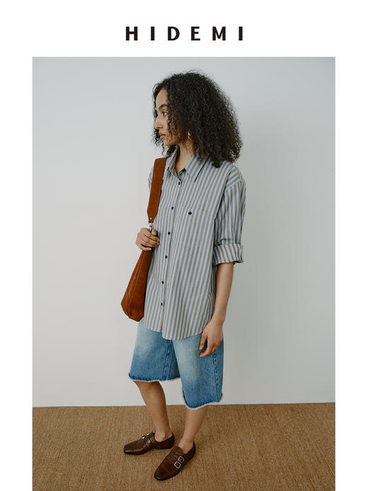 HIDEMI极简色织条纹大廓形口袋设计感oversize知识分子衬衫 商品图4