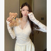 西遇白色蕾丝上衣女新款v领内搭假两件拼接修身长袖t恤SS150216 商品缩略图2
