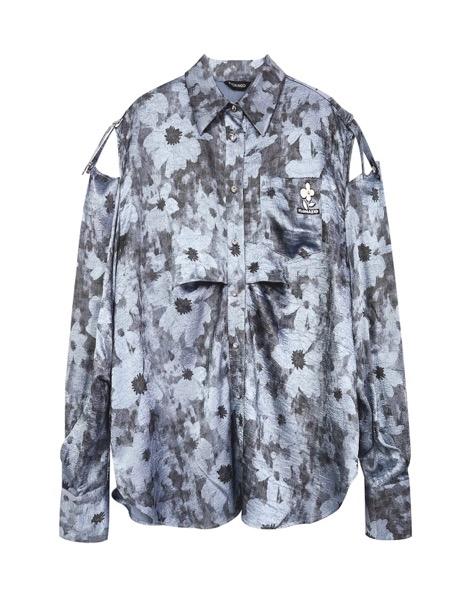 雾霾蓝色印花花朵章仔装饰宽松款衬衣 商品图0