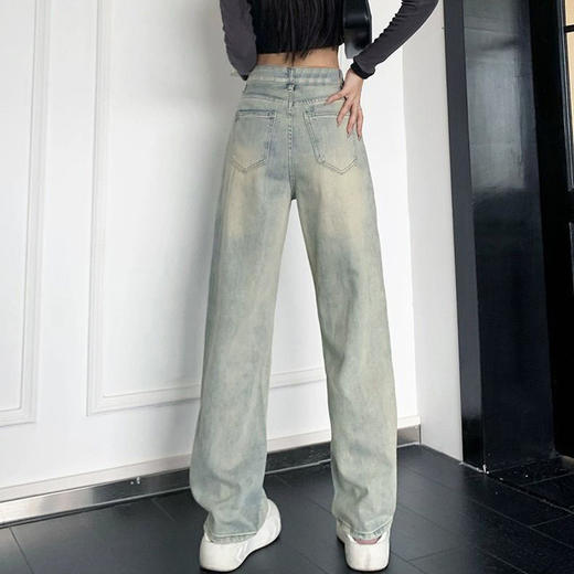 【GZ】无忧购【甄选】美式水洗黄泥色直筒牛仔裤女梨形高腰做旧窄版阔腿长裤691（截单后7天发货) 商品图3