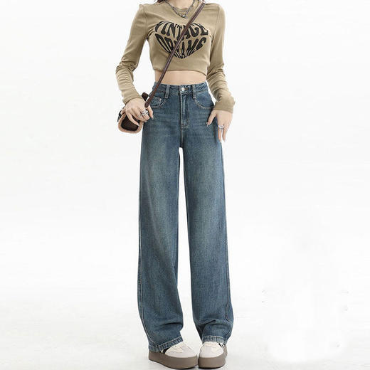 遮肉大码直筒牛仔裤女新款复古高腰梨形身材拖地裤窄版阔腿长裤子 商品图1