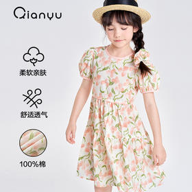 笛莎千与2025夏季新款女童甜美花朵印花短袖棉布连衣裙