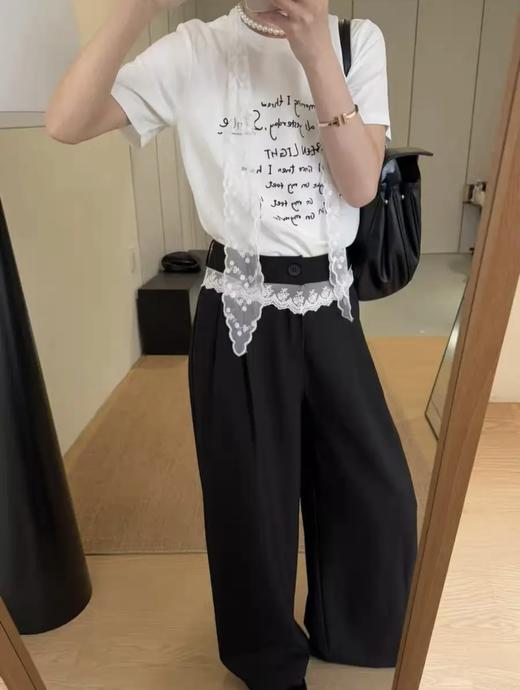 【YW】无忧购韩系珍珠蕾丝飘带项链纯棉百搭字母刺绣短袖T恤10029（截单后7天发货) 商品图4