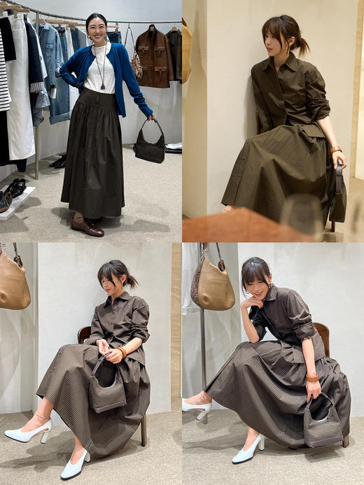 HIDEMI 进口色织格纹纽扣设计感褶皱半身长裙半身裙 商品图1