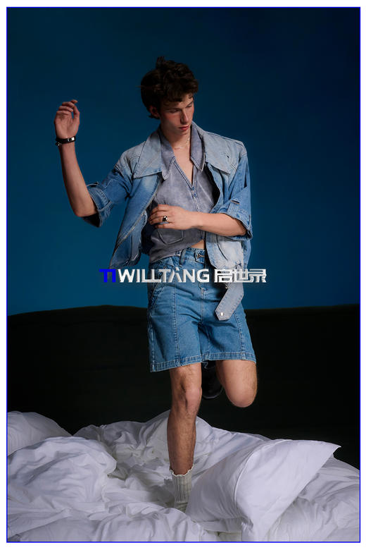 启世录TIWILLTANG“爵域迹铭”三角折边水洗做旧短袖牛仔夹克男 商品图5