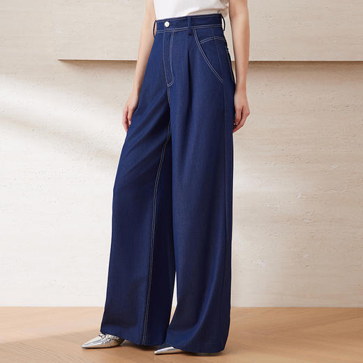 EITIE爱特爱时尚复古撞色走线高腰利落阔腿牛仔裤2025夏季新款B2505606 商品图2