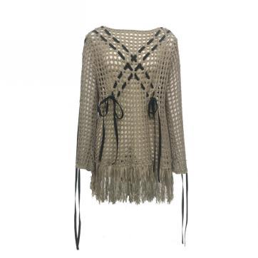 蛛网编织镂空流苏飘带装饰针织上衣 商品图0