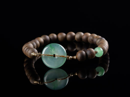 XY0073原创 沉香+冰飘花翡翠平安扣手串 商品图4