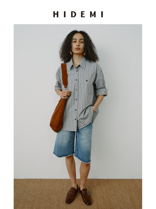 HIDEMI极简色织条纹大廓形口袋设计感oversize知识分子衬衫 商品图0