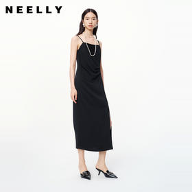 NEELLY纳俪商场同款春新款醋纤黑色设计感收腰吊带连衣裙女简约N25034Y04615