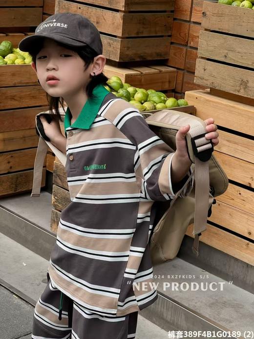 清货~【小资范】0189咖拼绿色翻领条纹短袖/短裤（微脏）-喜出 商品图6