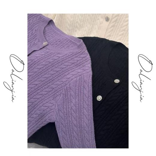 佳佳【紫藤花】麻花开衫百搭圆领针织外套长袖时尚紫色显瘦纯色 商品图1