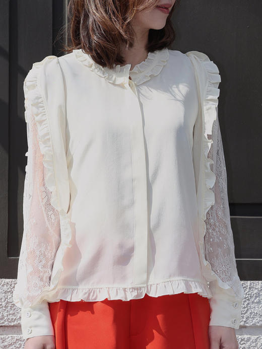 TYNVIE 蕾丝袖荷叶边真丝衬衫 - 白色 商品图3