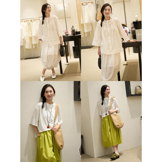 HIDEMI【当当同款】 浅春系甄选长绒棉极简设计感花苞压褶圆领廓形衬衫裙裤套装 白色/有机青柠绿  衬衫/裙裤 商品图6
