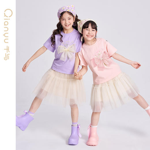 笛莎千与2025夏季新款女童轻甜少女风蝴蝶结T恤 商品图1