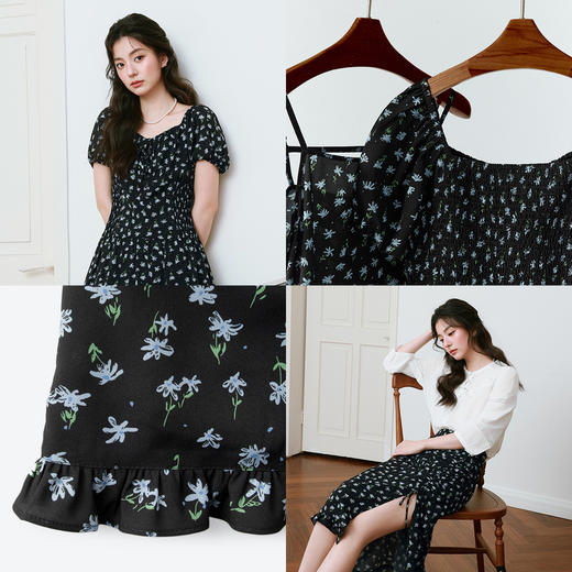 【严选】诗凡黎小蓝花连衣裙25春新款泡泡袖法式甜美小个子显瘦茶歇中长裙7G3190561 商品图3
