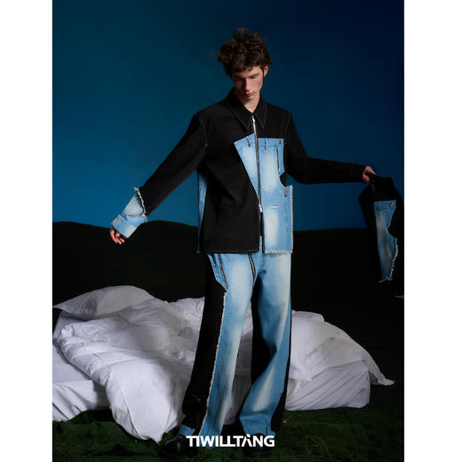 启世录TIWILLTANG“凌迹回响”牛仔拼接休闲直筒长裤 商品图3