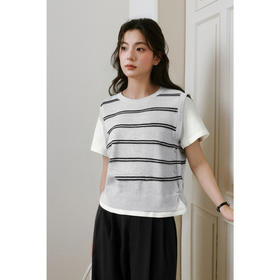 【严选】诗凡黎设计感假两件圆领短袖T恤拼接针织2025春新款显瘦打底衫女7G3131491