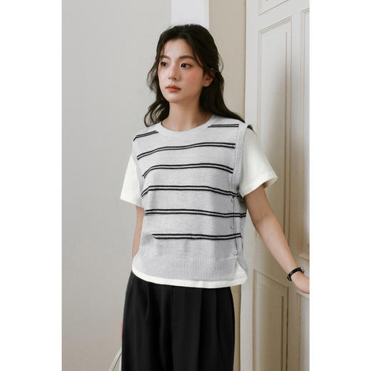 【严选】诗凡黎设计感假两件圆领短袖T恤拼接针织2025春新款显瘦打底衫女7G3131491 商品图0