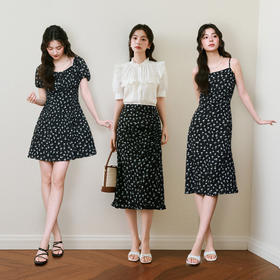 【严选】诗凡黎小蓝花连衣裙25春新款泡泡袖法式甜美小个子显瘦茶歇中长裙7G3190561