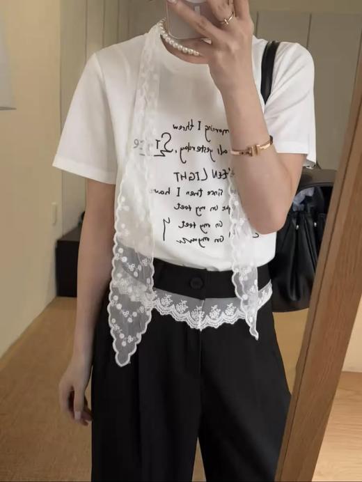 【YW】无忧购韩系珍珠蕾丝飘带项链纯棉百搭字母刺绣短袖T恤10029（截单后7天发货) 商品图6