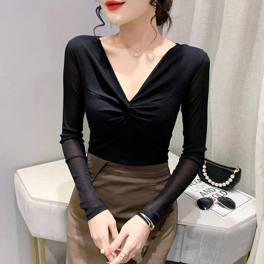 雀说性感V领网纱长袖T恤女装新款欧货洋气豹纹上衣修身打底衫AL1825 商品图5