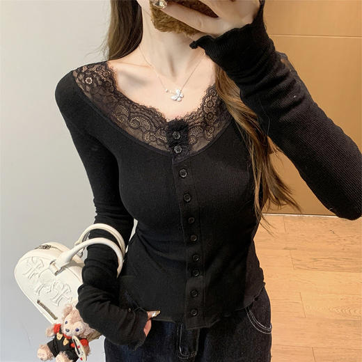 西遇法式蕾丝拼接上衣女新款木耳边短款修身长袖t恤SS150202 商品图3