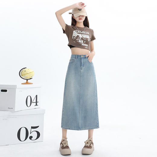 雀说星空纹后开叉浅色牛仔裙新款高腰显瘦半身裙子AL7559 商品图2