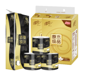 清风金装抽纸 3层 110抽一提四包2提8包装 +清风黑金4层110克/卷*12卷筒卫生纸