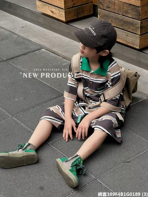 清货~【小资范】0189咖拼绿色翻领条纹短袖/短裤（微脏）-喜出 商品图5