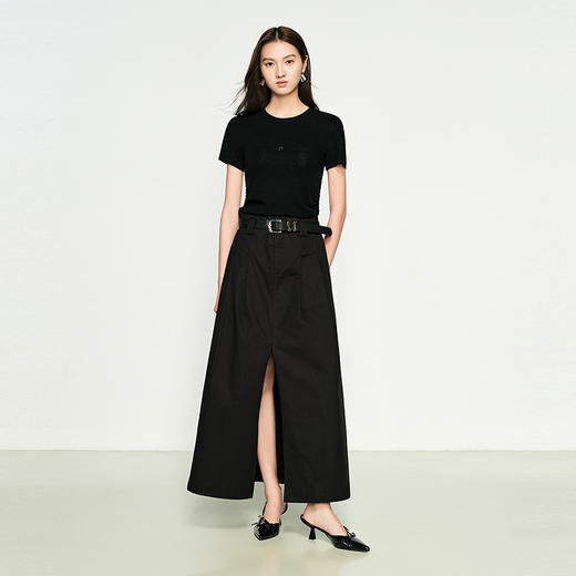 NEELLY纳俪商场同款春新款设计感高腰黑色半身裙女开衩收腰A字裙N25032E01154 商品图2